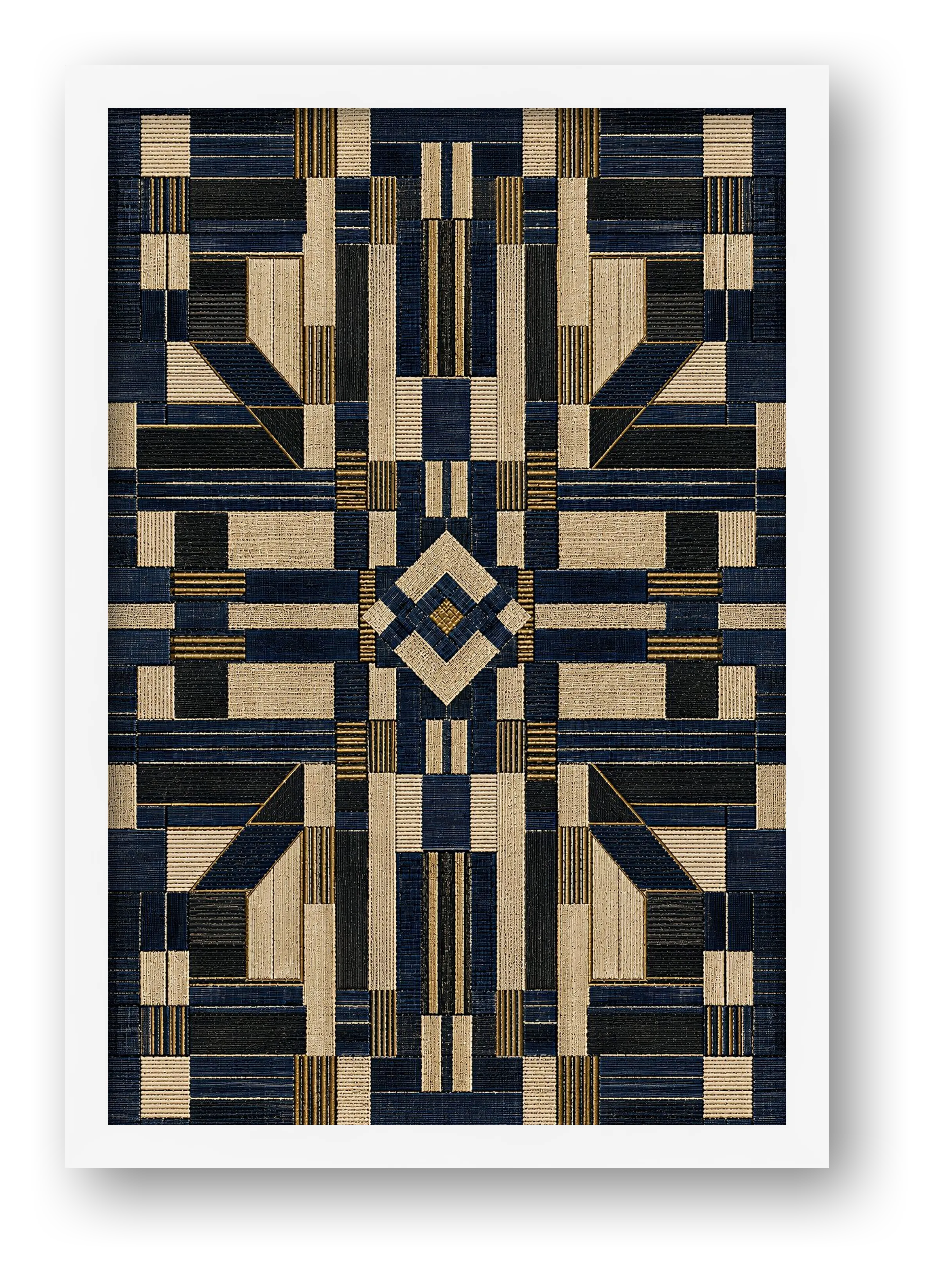Indigo Geometric Heritage Weave — framed