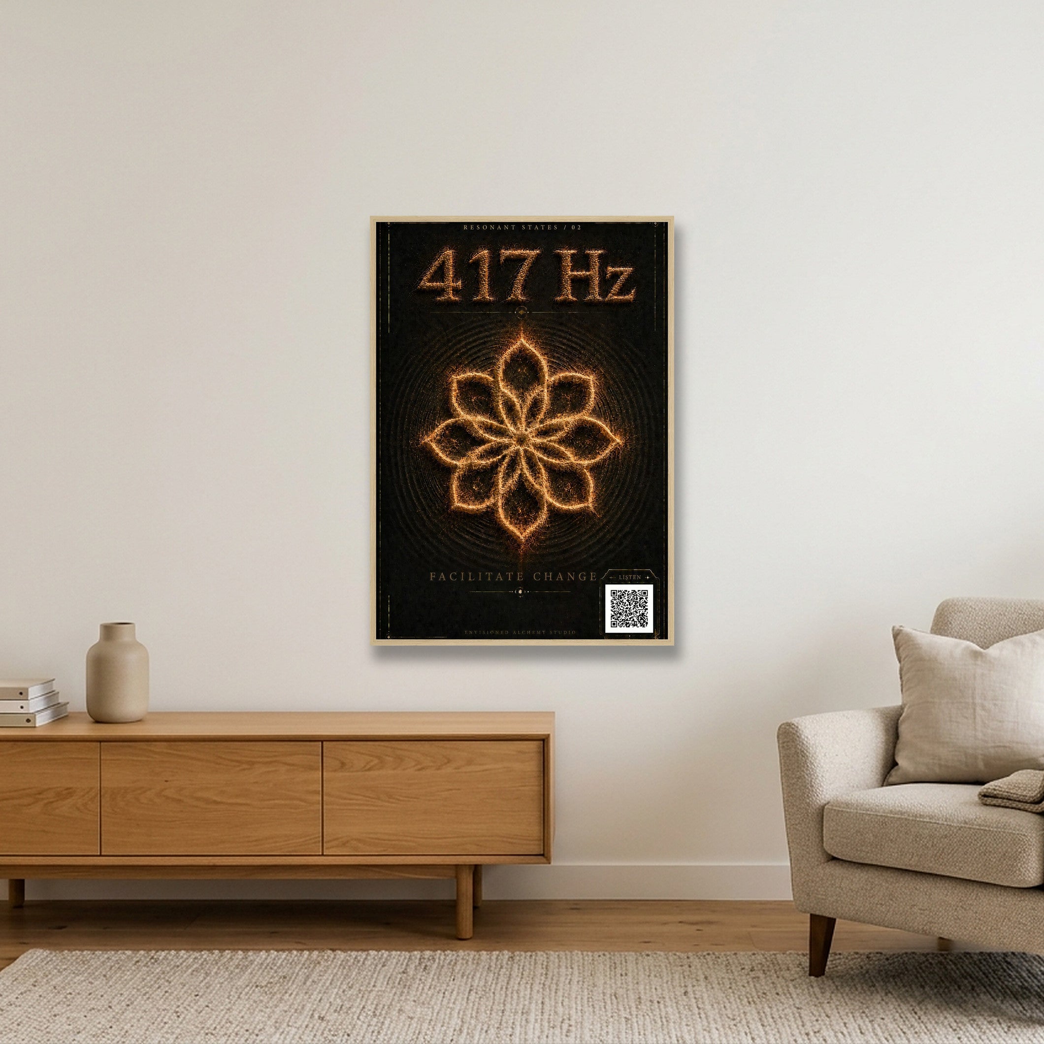 417 Hz Resonant States — Frequency Cymatic Fine Art Print — 70×100cm, 28×39" Oak Frame