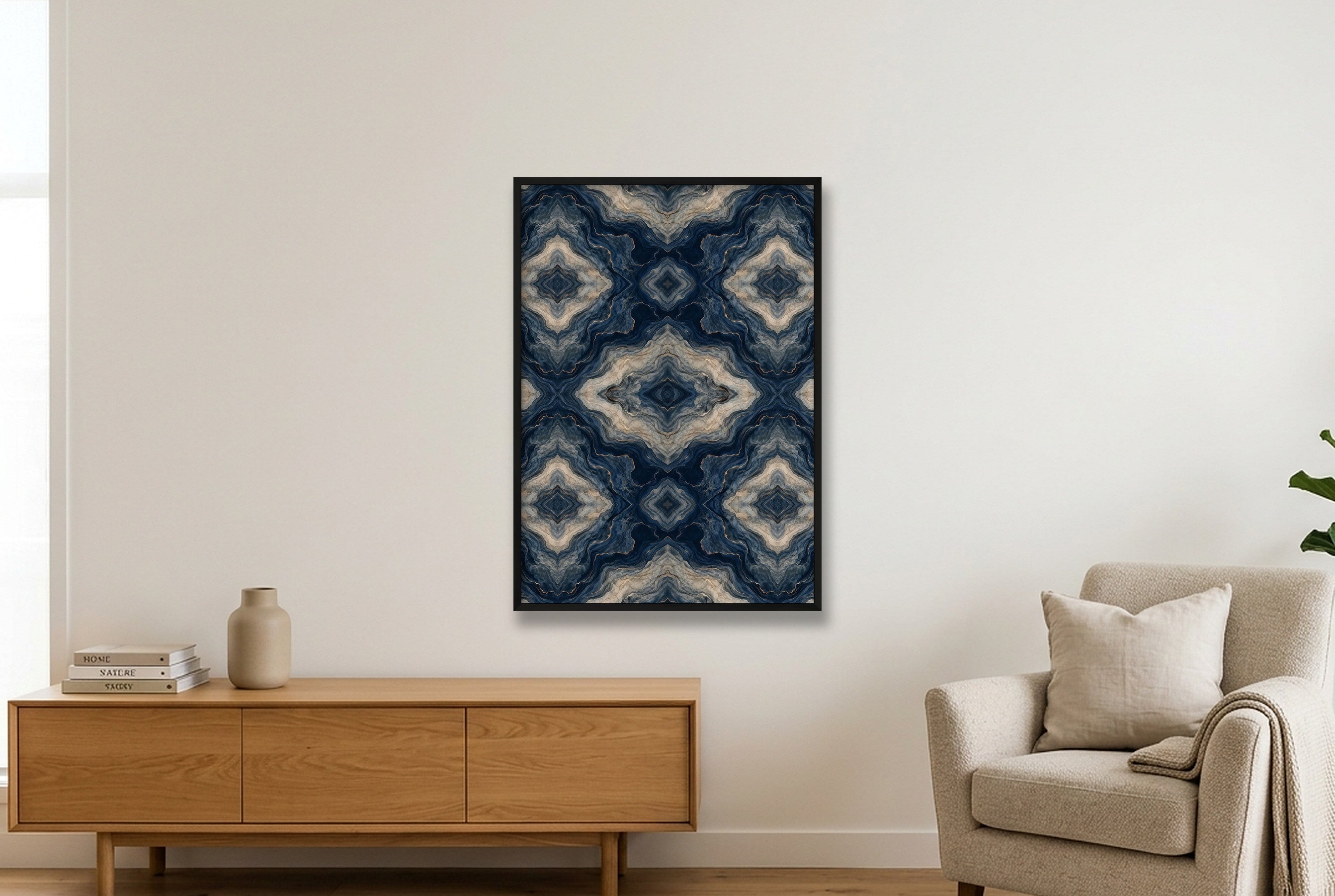 Indigo Agate Marble Water and Mineral — 70×100cm, 28×39" Black Frame