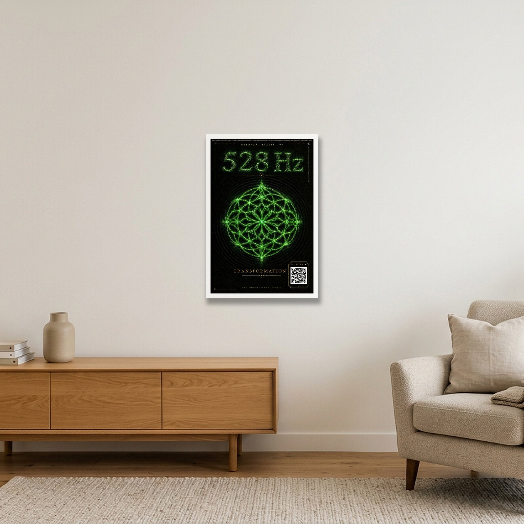 528 Hz Resonant States Frequency Cymatic Fine Art Print — 40×60cm, 16×24" White Frame
