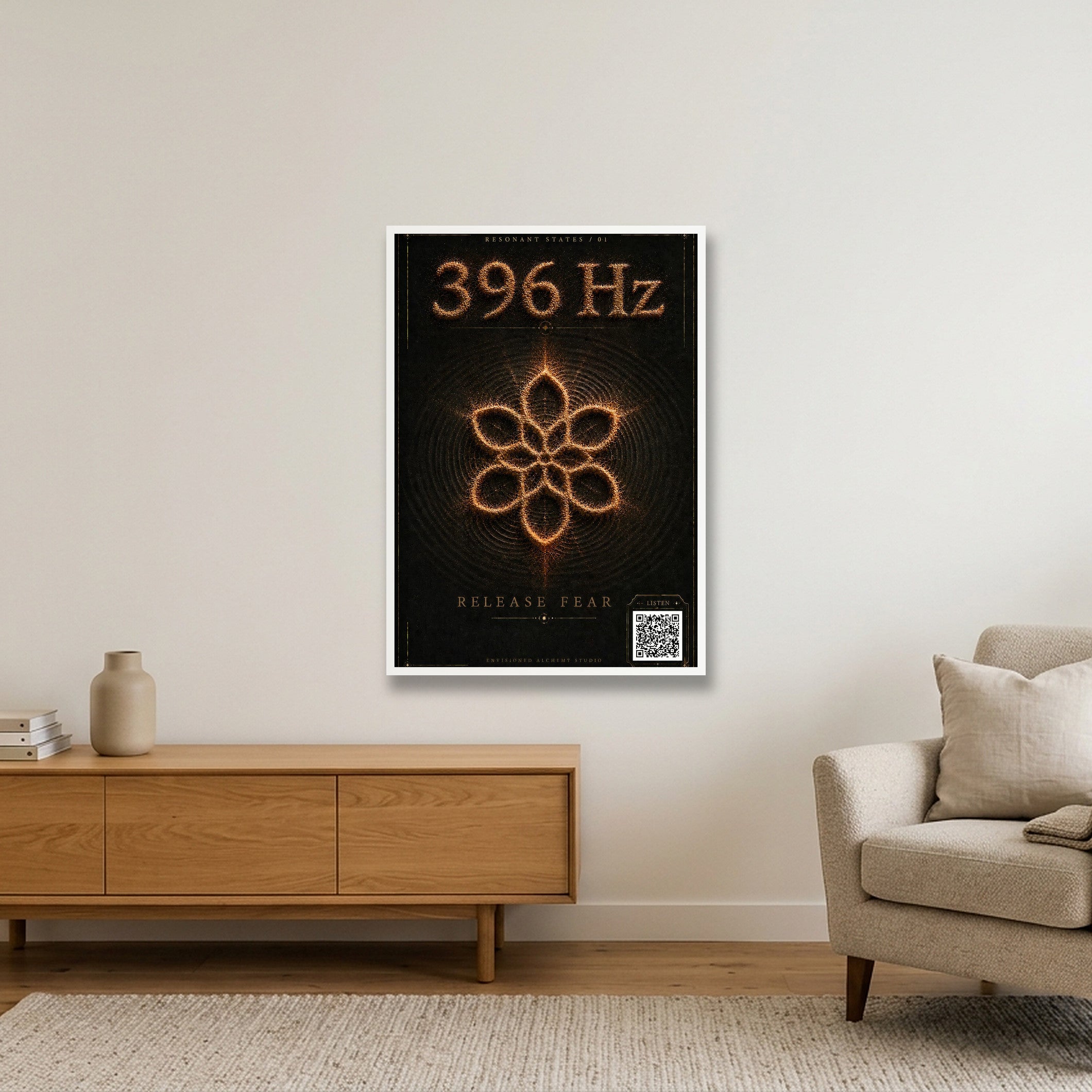 396 HZ Resonant States Frequency Cymatic — 70×100cm, 28×39" White Frame