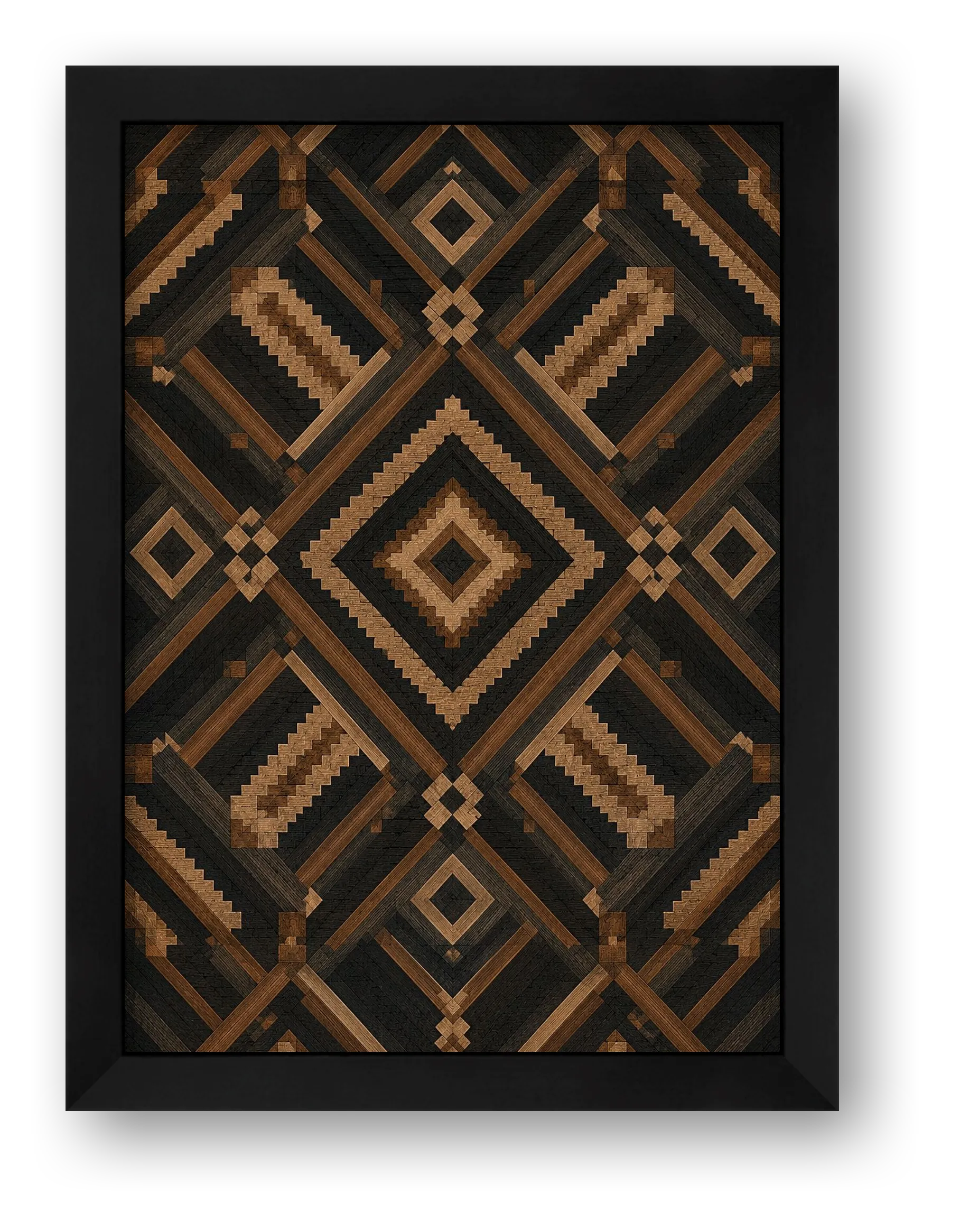 Kuba-Inspired African Wall Art, Black and Copper Geometric Giclée Print — Night Kuba — framed