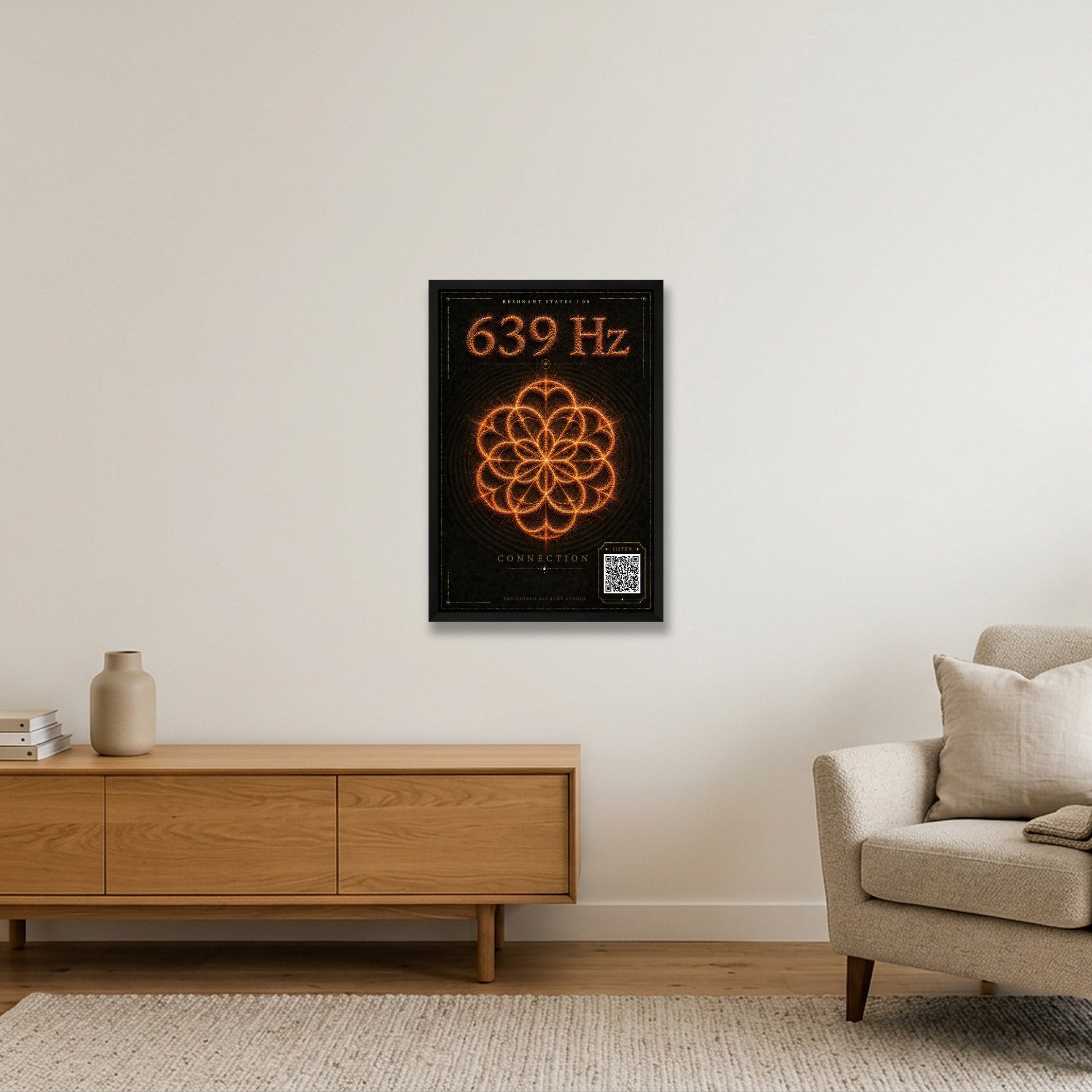 639 Hz Resonant States Frequency Cymatic Fine Art Print — 40×60cm, 16×24" Black Frame
