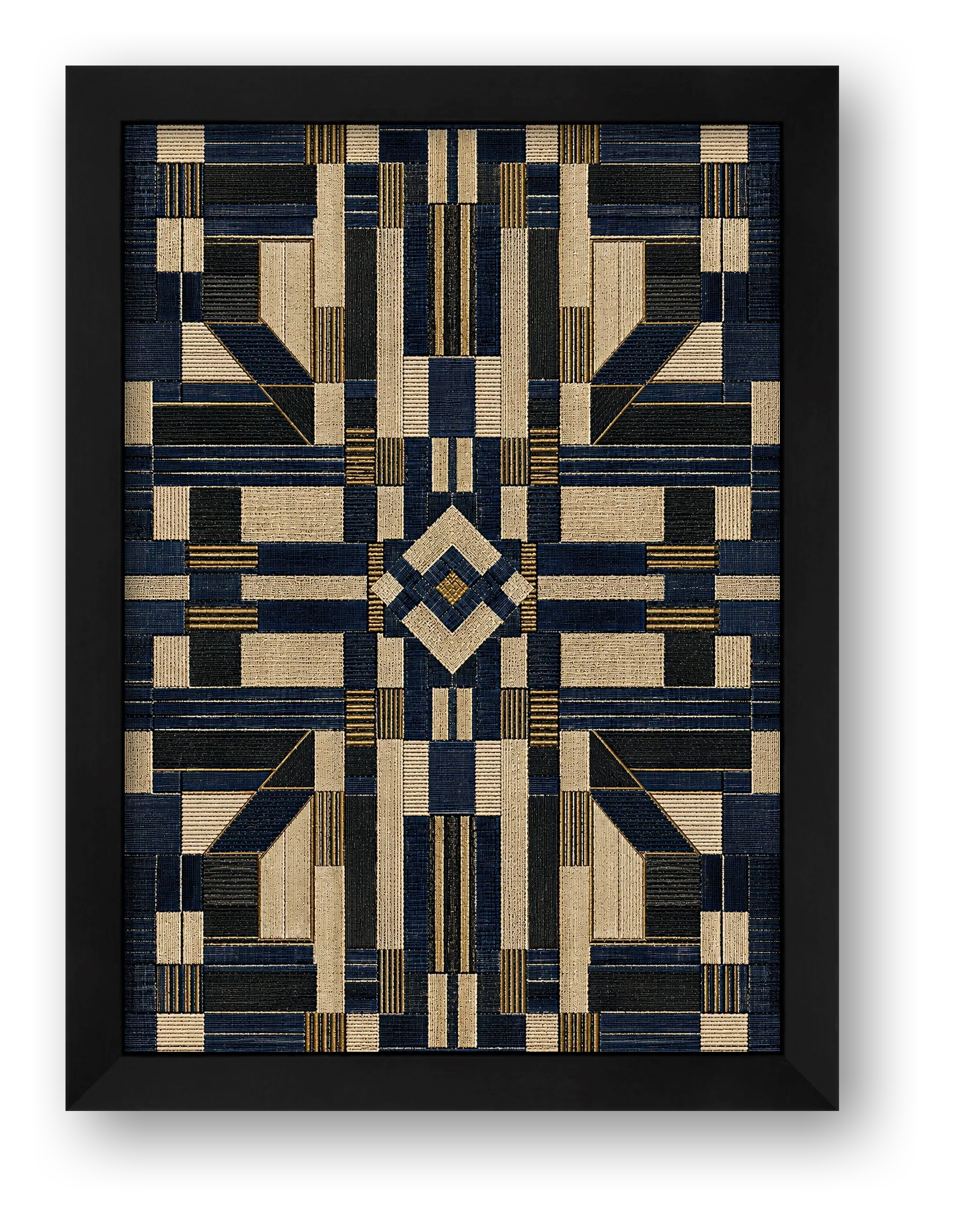 Indigo Blue African Geometric Wall Art, Gold Textile Giclée Print — Indigo Geometric — framed