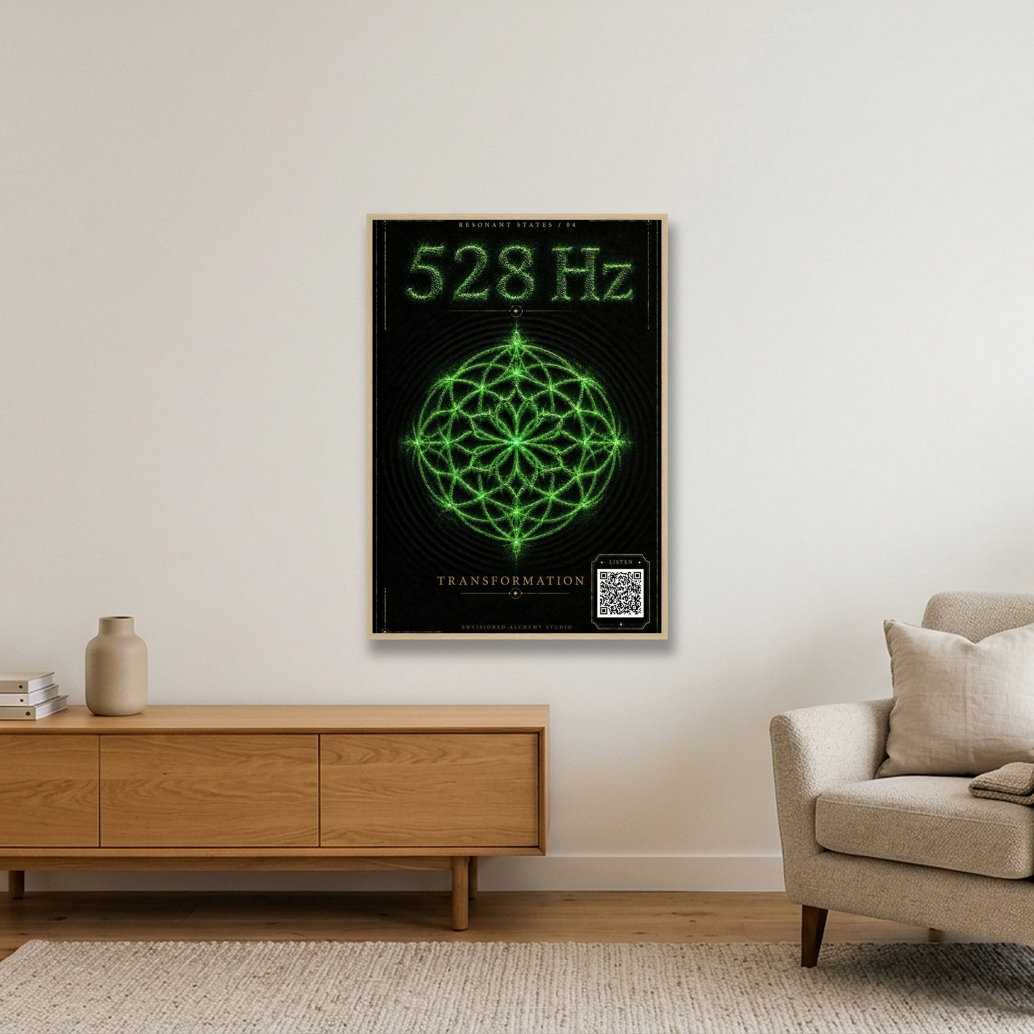 528 Hz Resonant States Frequency Cymatic Fine Art Print — 70×100cm, 28×39" Oak Frame