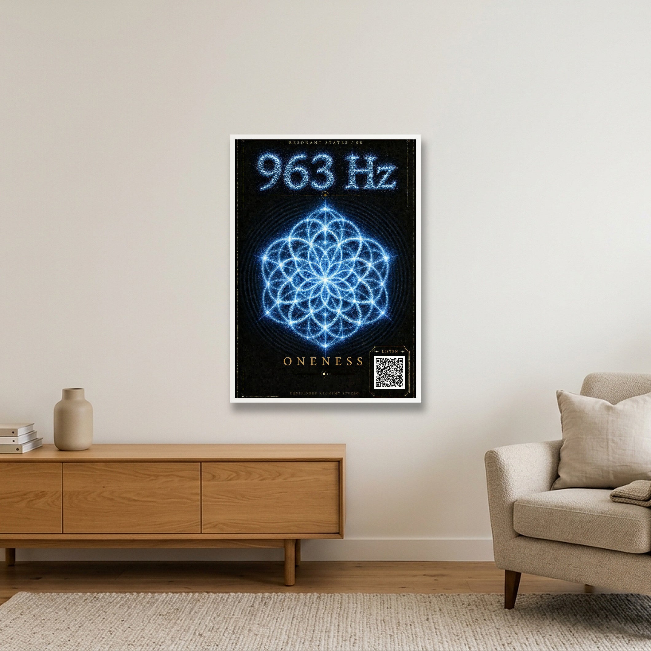 963 Hz Resonant States Frequency Cymatic Fine Art Print — 70×100cm, 28×39" White Frame