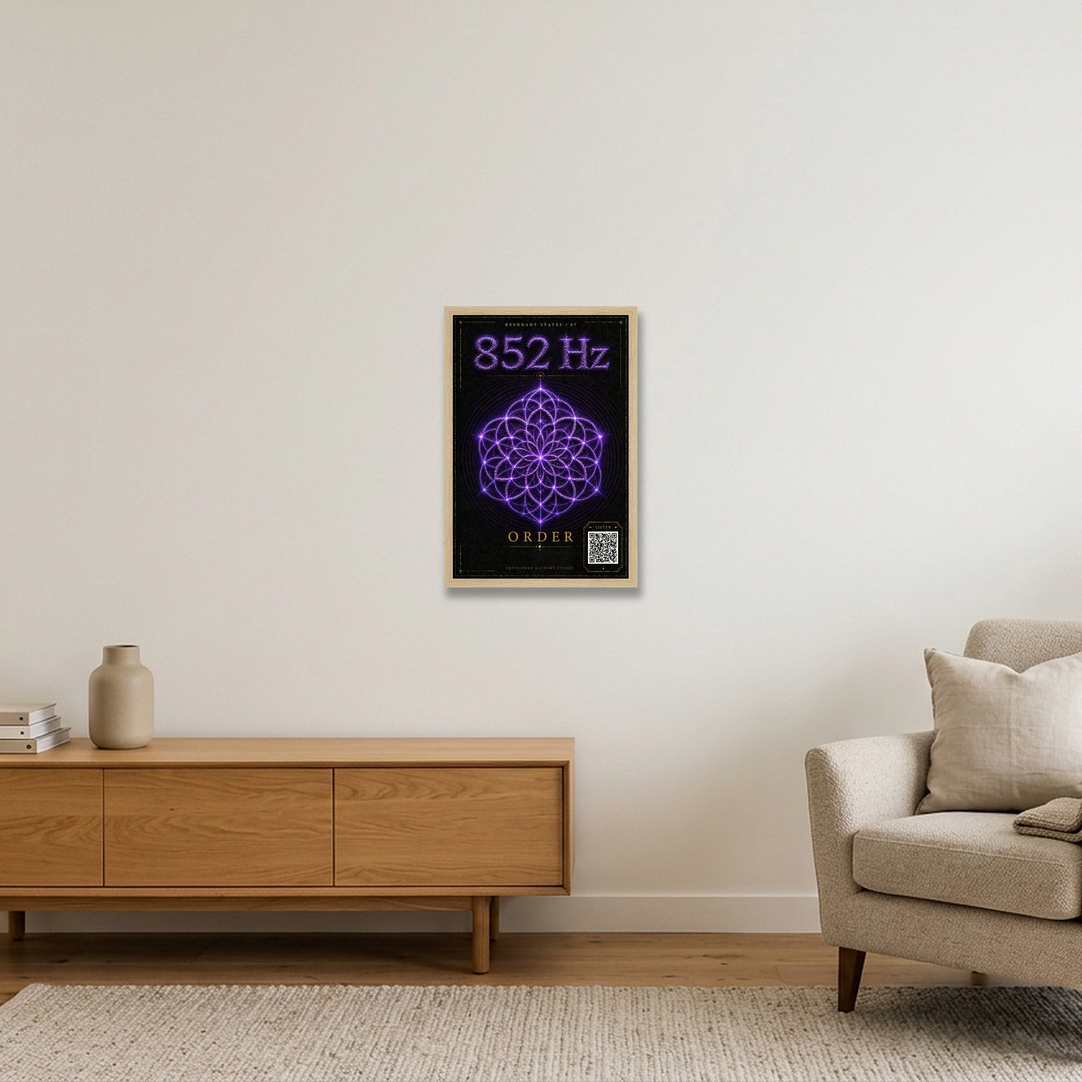 852 Hz Resonant States Frequency Cymatic Fine Art Print — 30×45cm, 12×18" Oak Frame