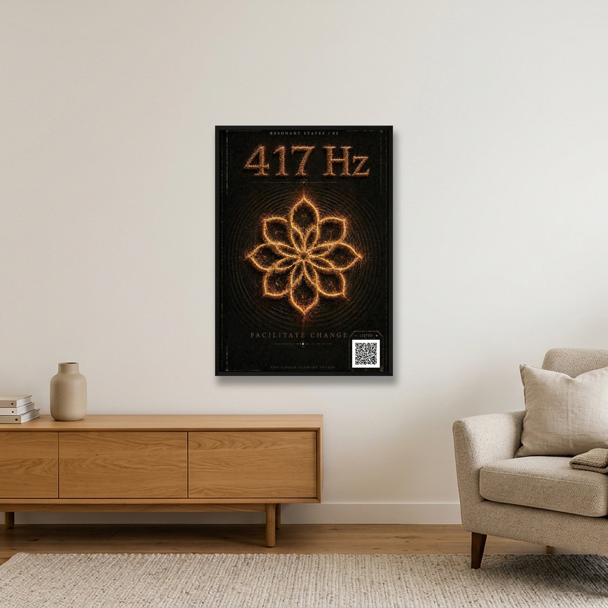 417 Hz Resonant States — Frequency Cymatic Fine Art Print — 70×100cm, 28×39" Black Frame