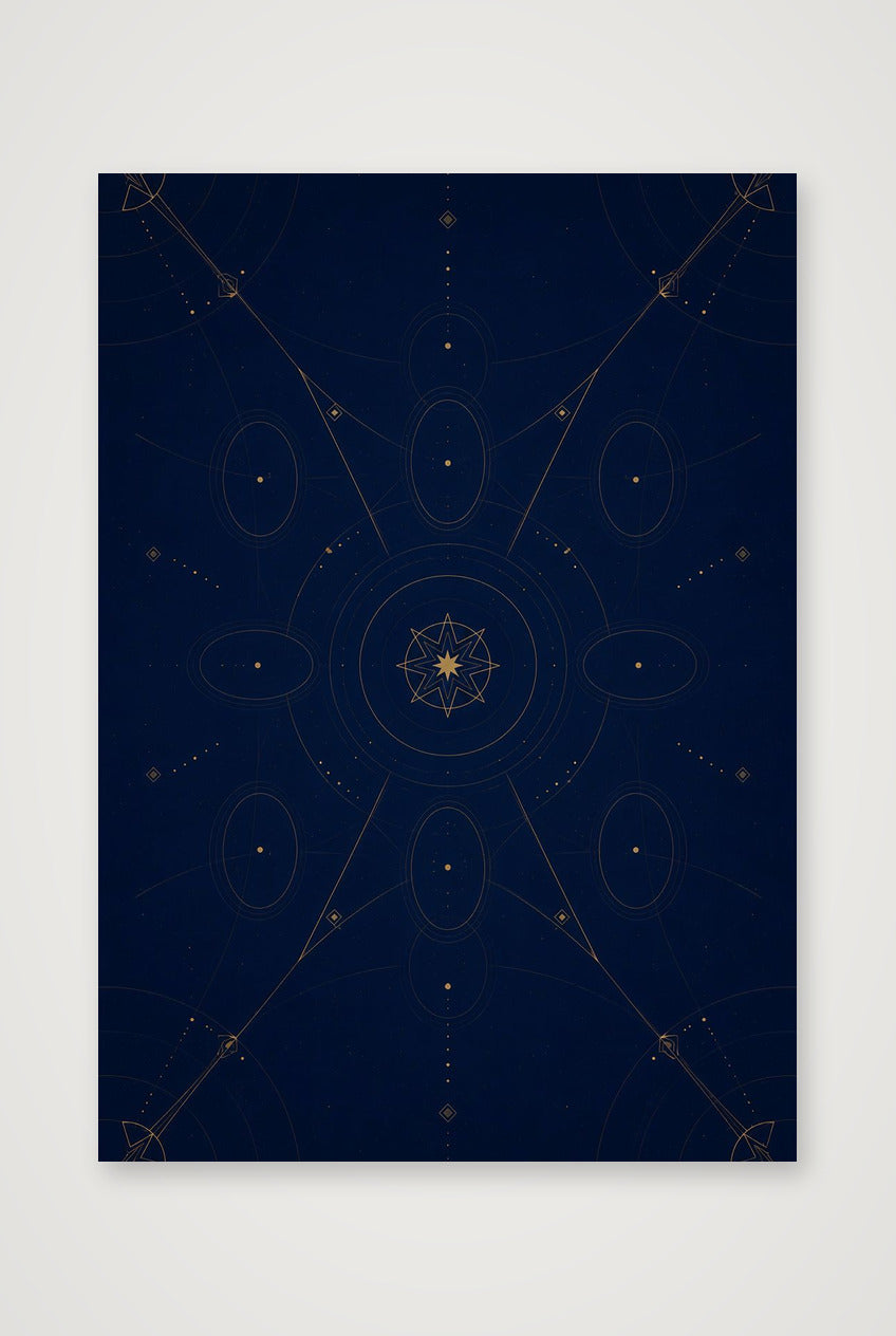 Navy Blue Celestial Wall Art, Gold Sacred Geometry Giclée Print — Star Gate — A4 (21×30cm, 8×12") Print only