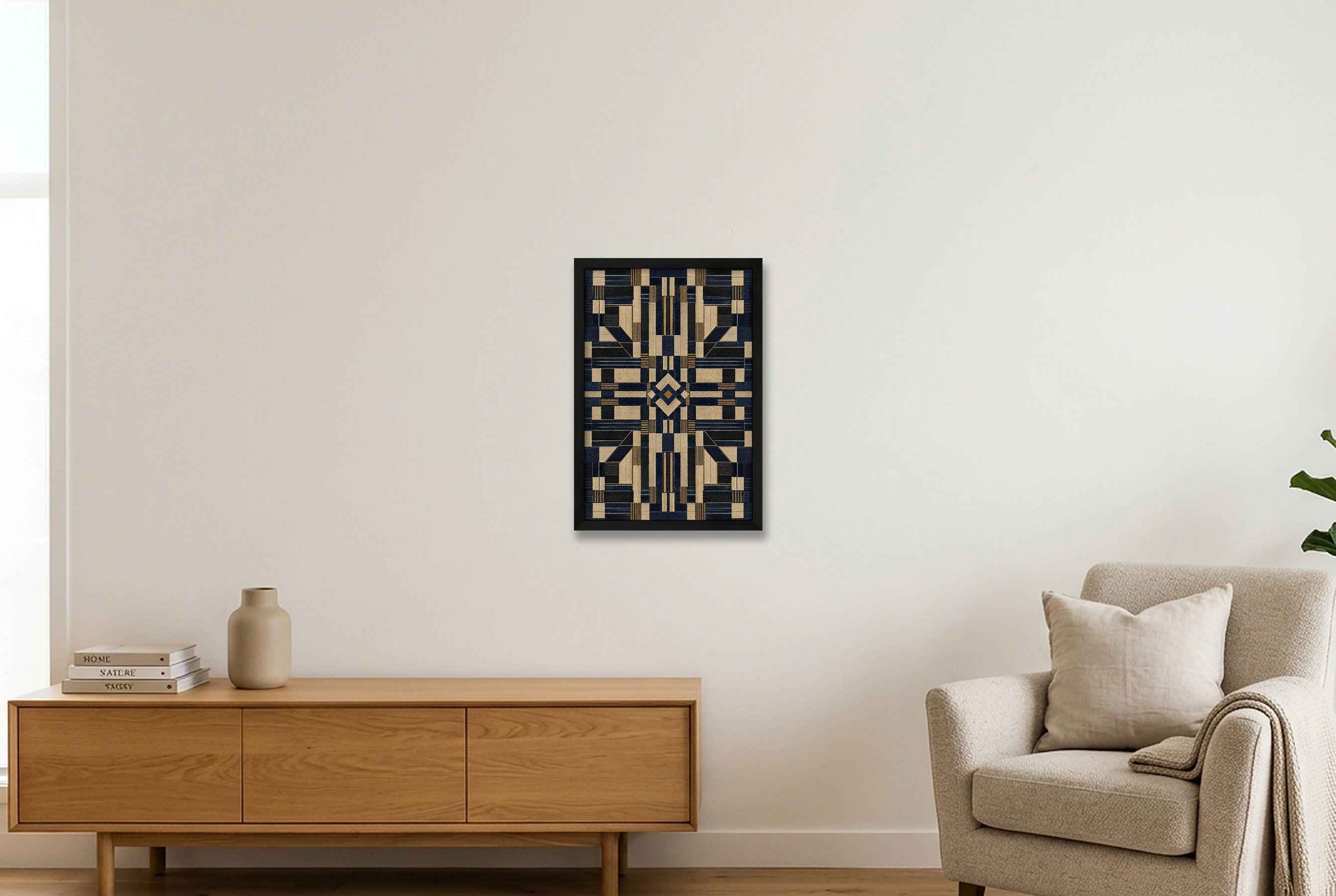 Indigo Geometric Heritage Weave — 30×45cm, 12×18" Black Frame