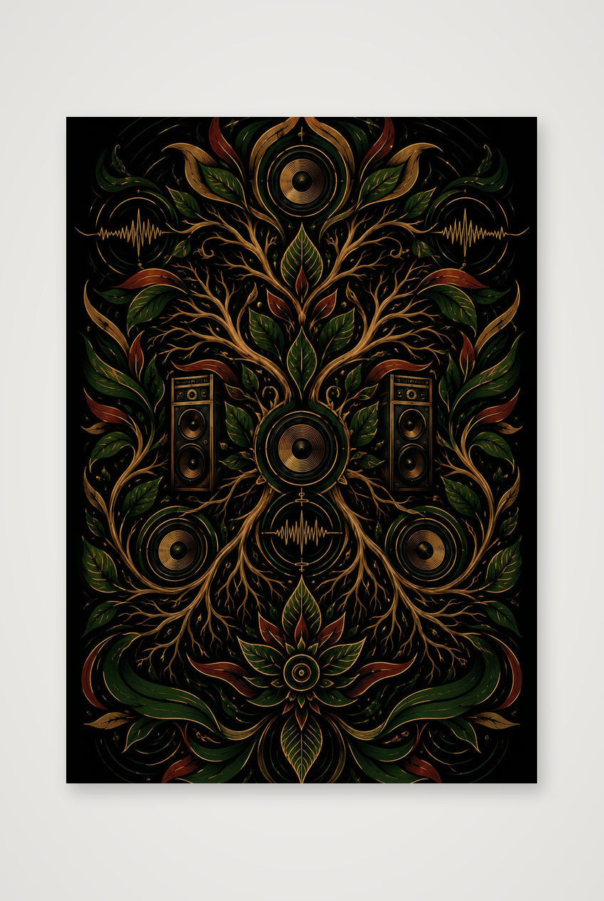Rastafari Wall Art, Red Green and Gold Botanical Mandala Giclée Print — Roots Frequency — A4 (21×30cm, 8×12") Print only