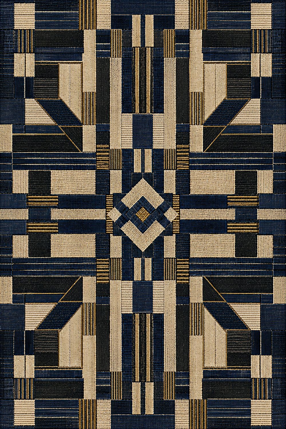 Indigo Blue African Geometric Wall Art, Gold Textile Giclée Print — Indigo Geometric