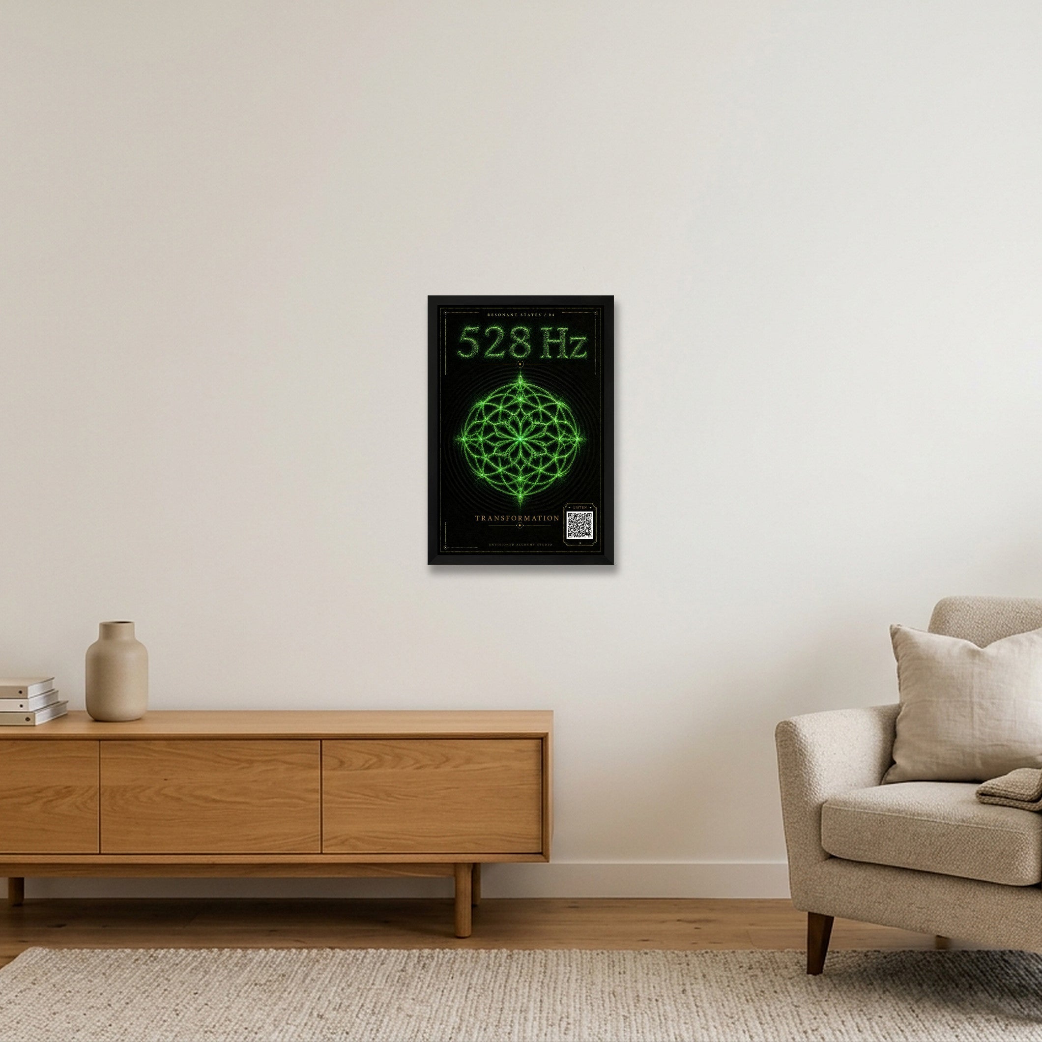 528 Hz Resonant States Frequency Cymatic Fine Art Print — 30×45cm, 12×18" Black Frame