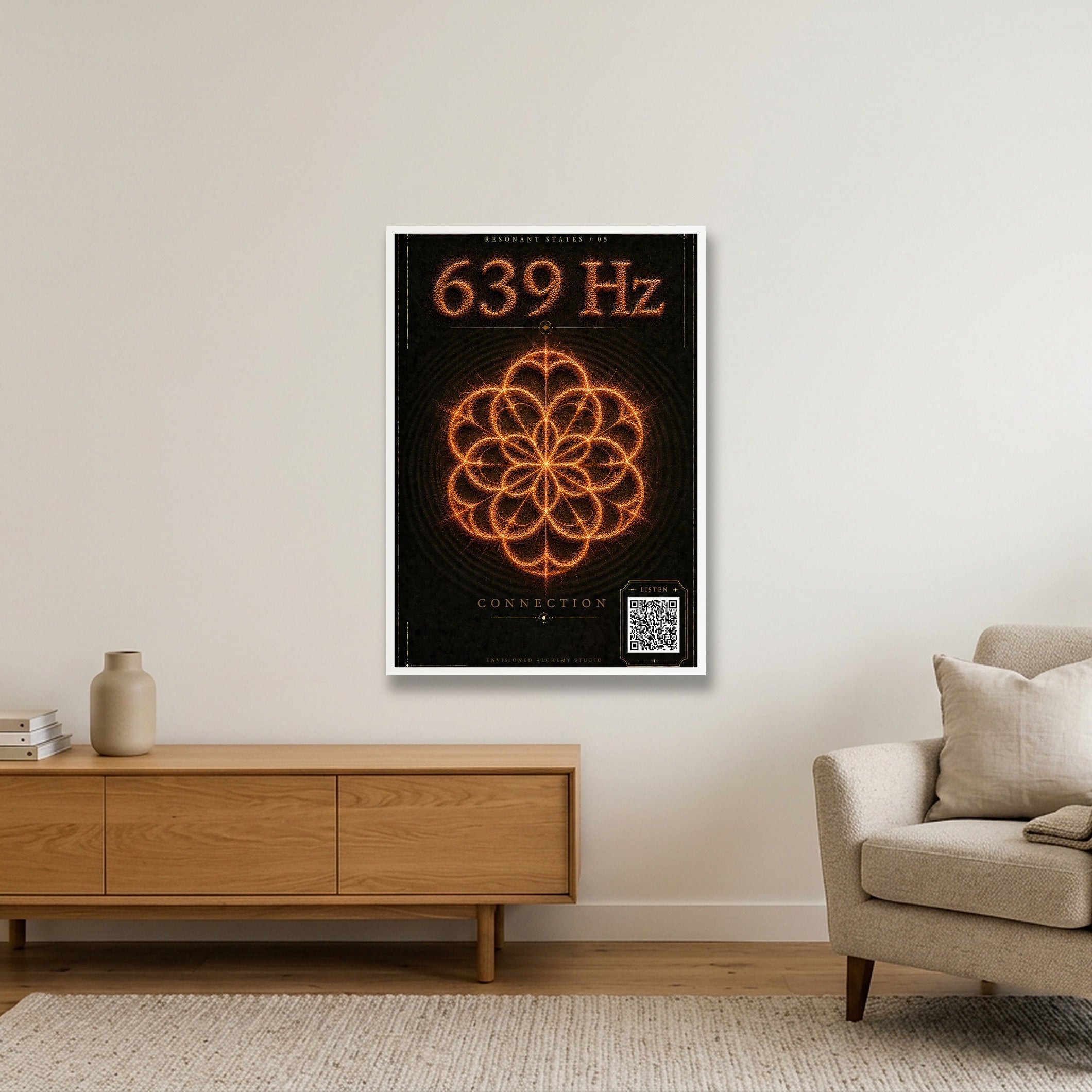 639 Hz Resonant States Frequency Cymatic Fine Art Print — 70×100cm, 28×39" White Frame