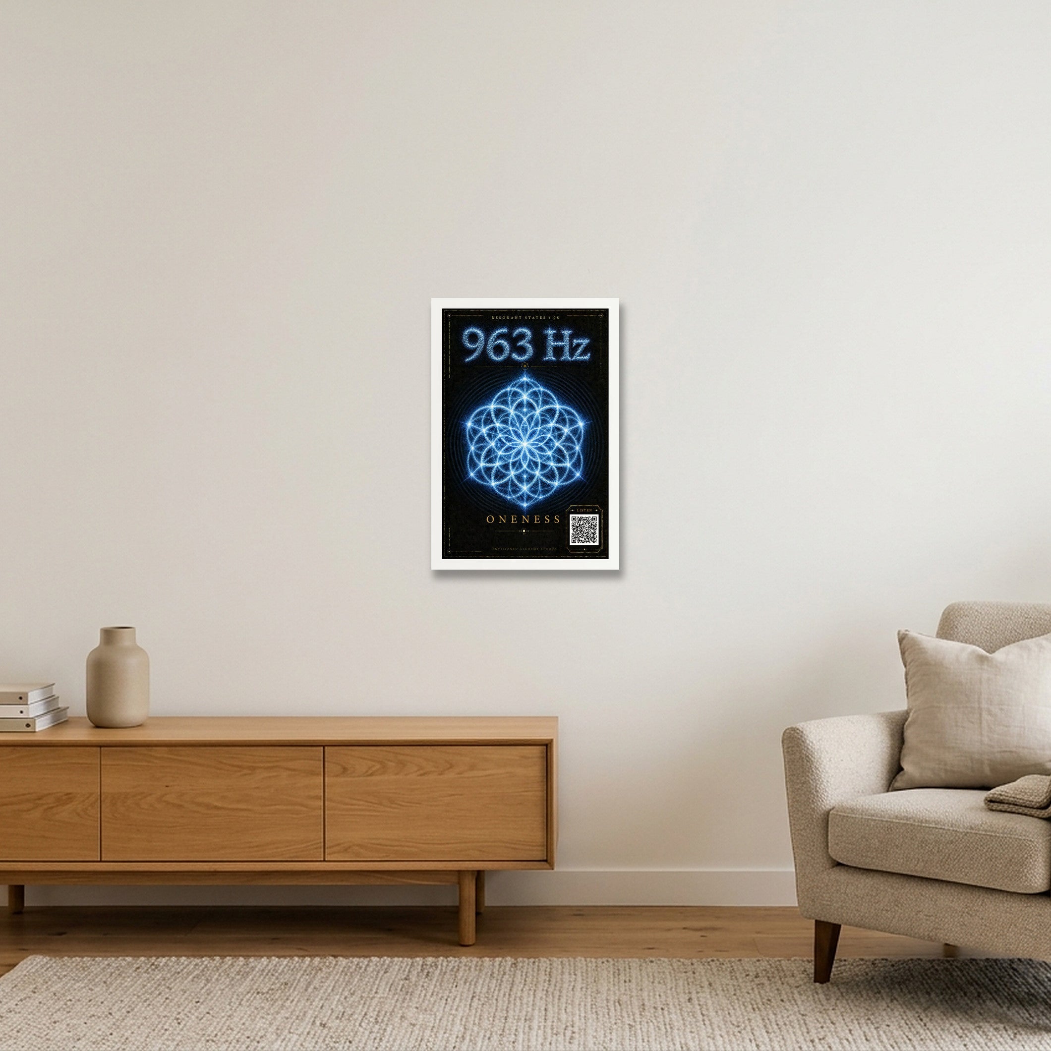 963 Hz Resonant States Frequency Cymatic Fine Art Print — 30×45cm, 12×18" White Frame
