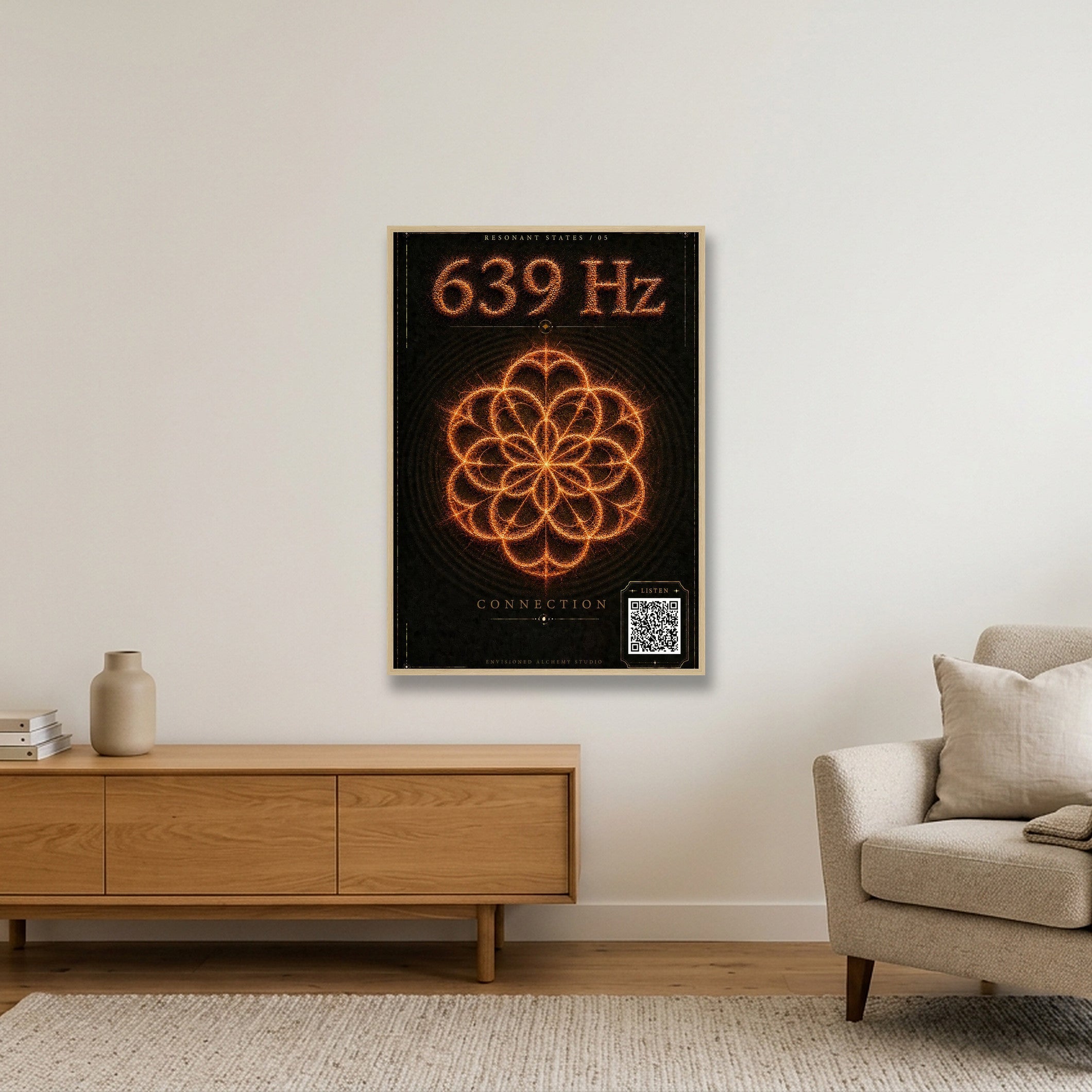 639 Hz Resonant States Frequency Cymatic Fine Art Print — 70×100cm, 28×39" Oak Frame