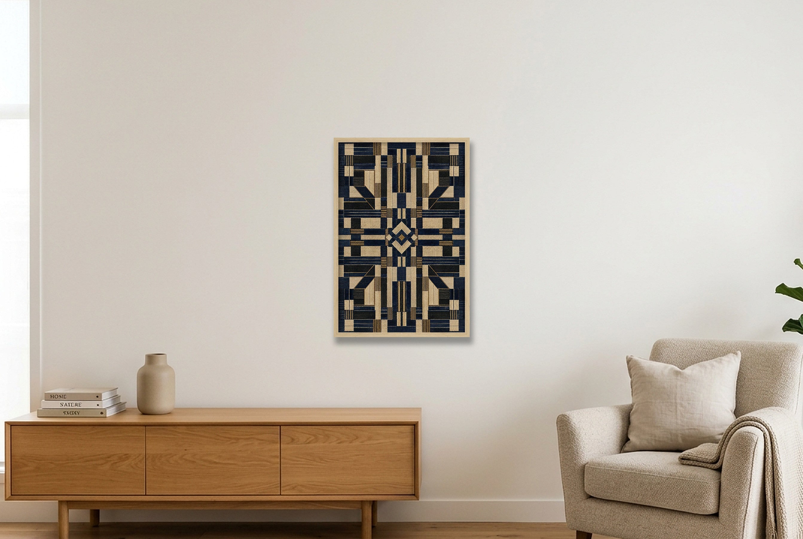 Indigo Geometric Heritage Weave — 40×60cm, 16×24" Oak Frame