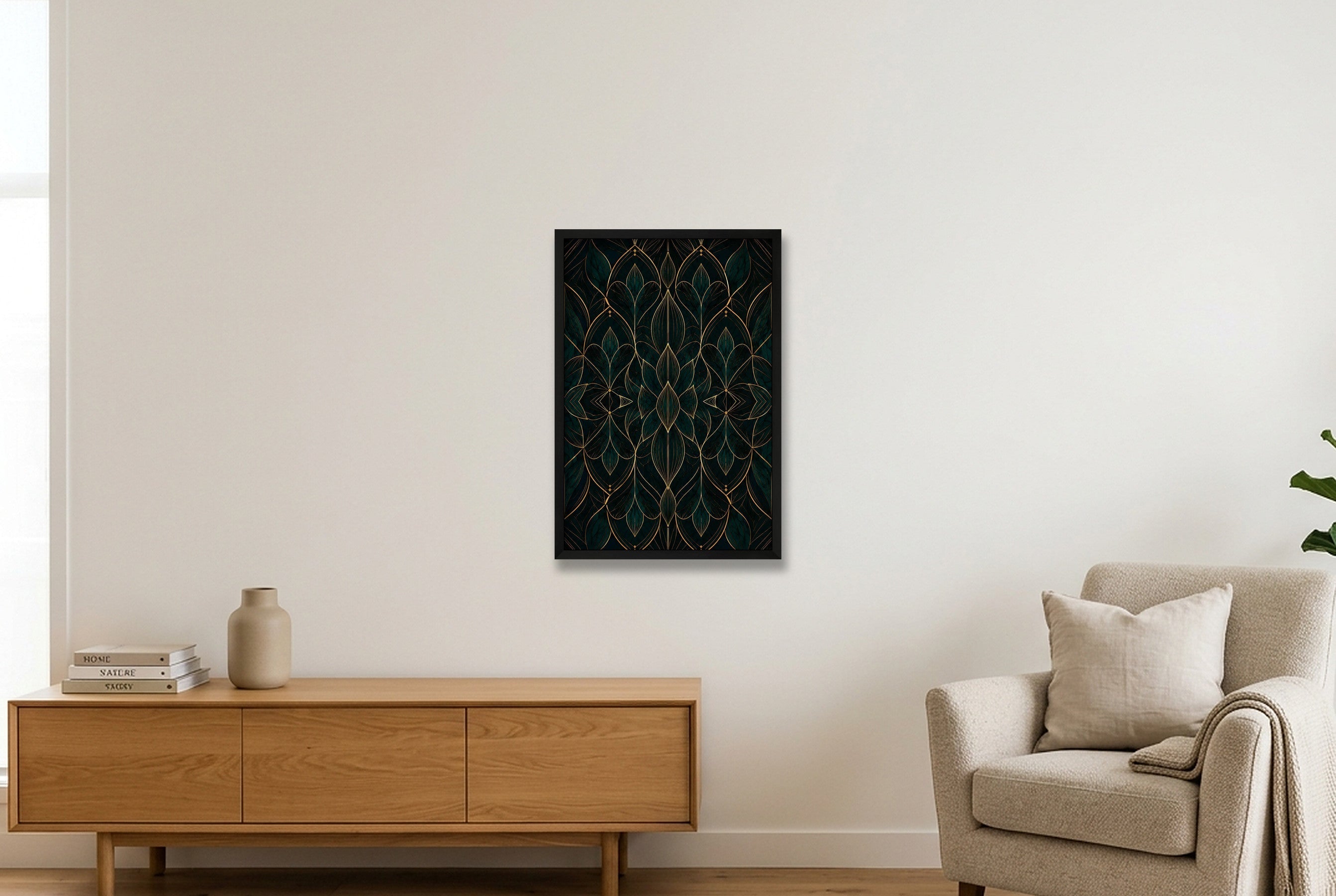 Teal Gold Lotus Botanical Archive — 40×60cm, 16×24" Black Frame