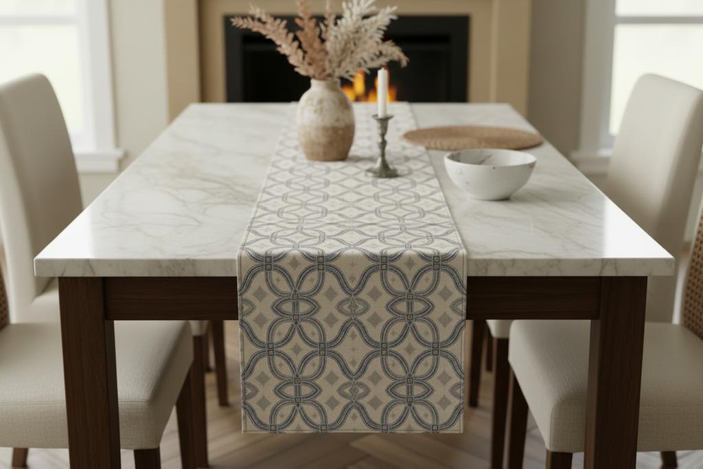 Indigo Weave Table Runner — Marble Flat Lay