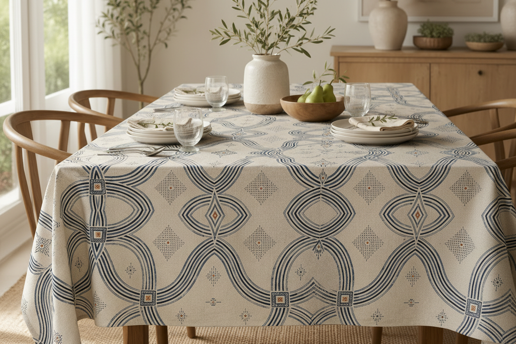 Zebra Rhythm Indigo Weave Tablecloth — 180×140