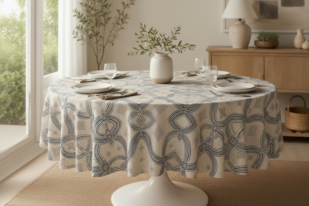Zebra Rhythm Indigo Weave Tablecloth — Round Table