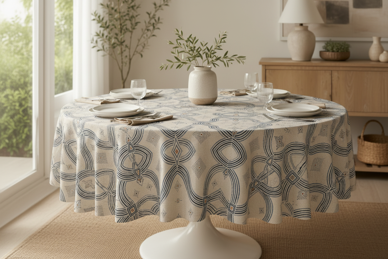 Zebra Rhythm Indigo Weave Tablecloth — Round Table