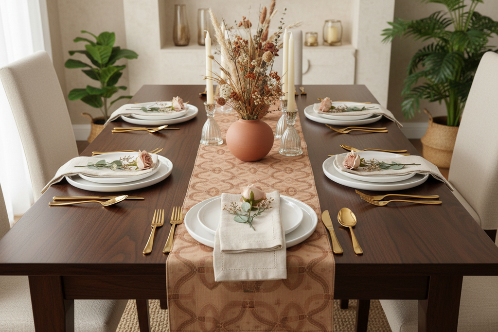 Zebra Rhythm Terracotta Table Runner — Dining Table Mockup