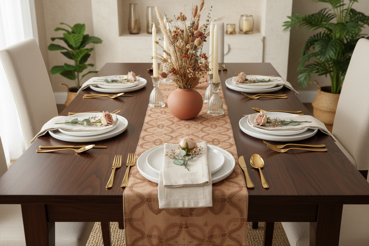 Zebra Rhythm Terracotta Table Runner — Dining Table Mockup