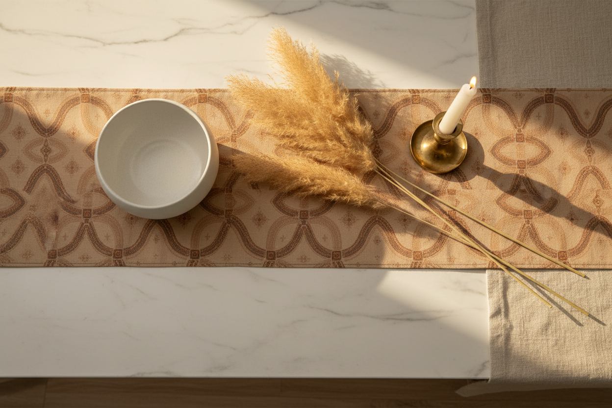 Zebra Rhythm Terracotta Table Runner — Flat Lay Mockup