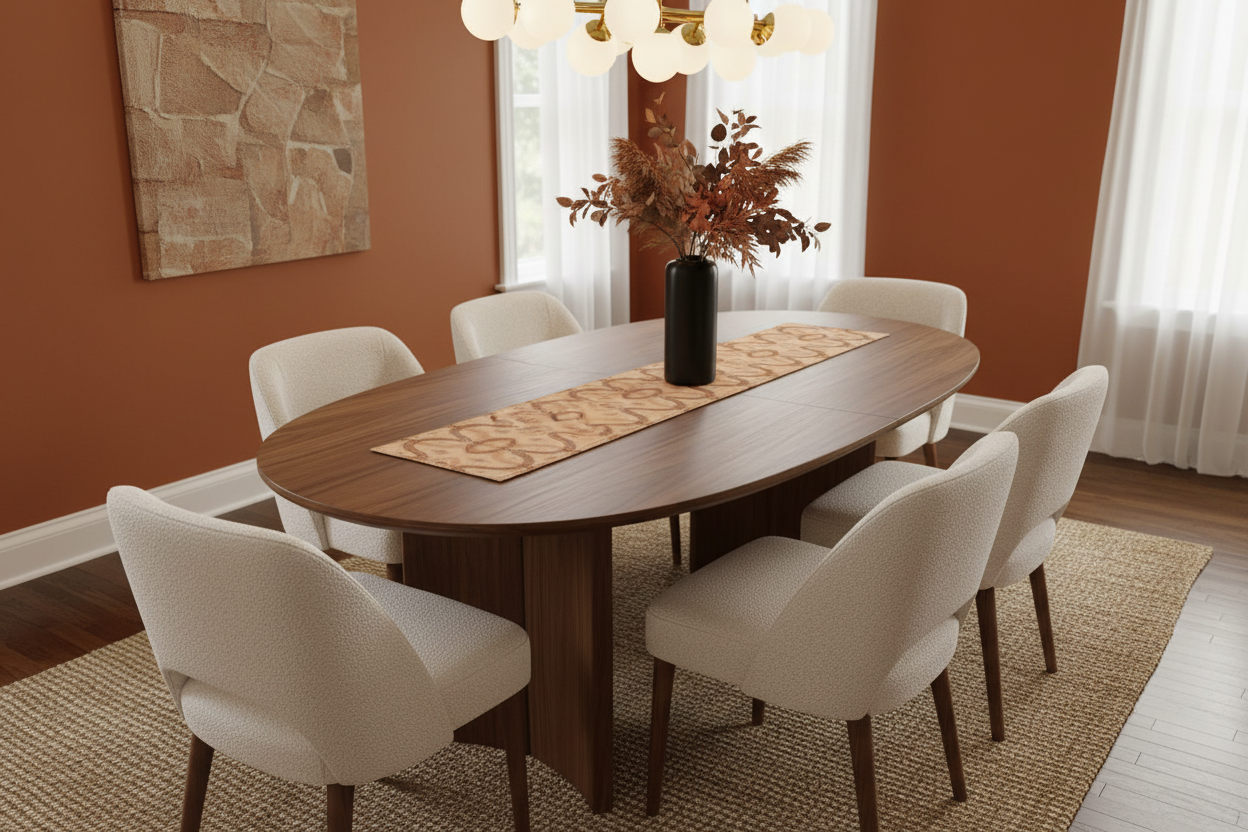 Zebra Rhythm Terracotta Table Runner — Room Setting Mockup